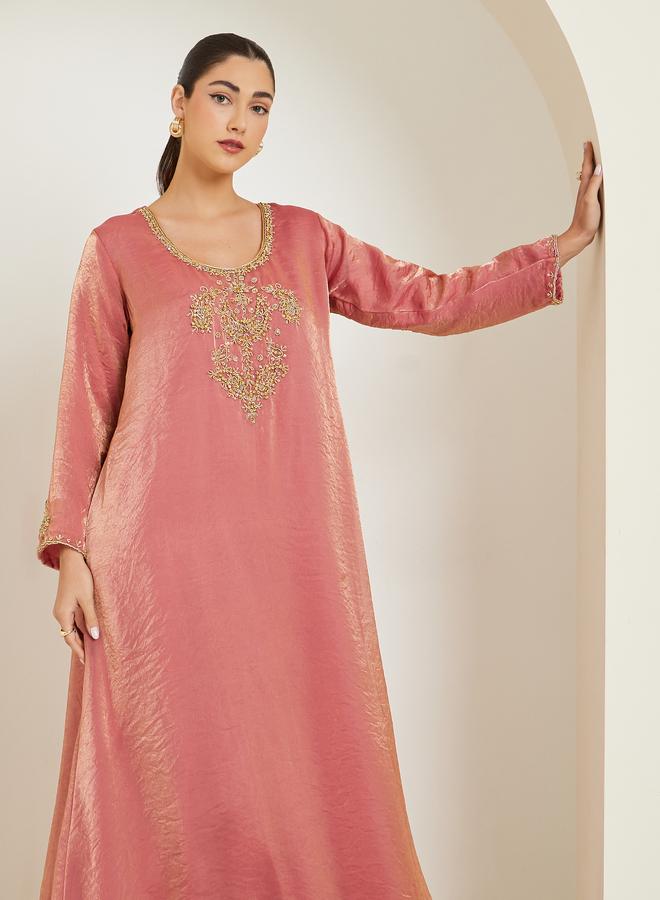 Amirah Peach A-Line Jalabiya with Gold Embroidery - Image 1